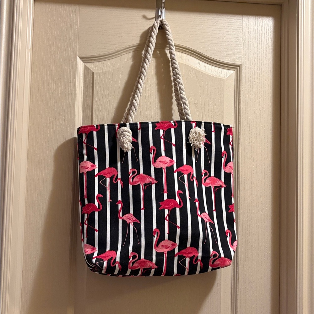 Flamingo Print Tote Bag with Rope Handles